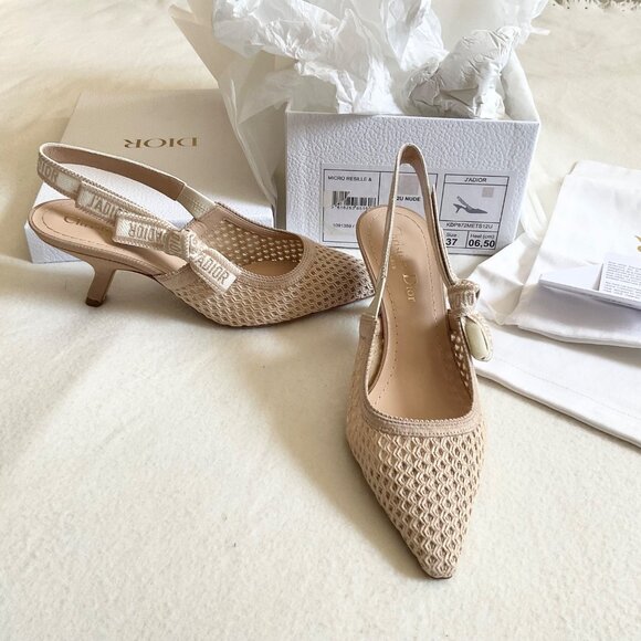 NWB Christian Dior nude BEIGE Slingbacks heels pumps open tote SZ37 US6.5 - Picture 1 of 9